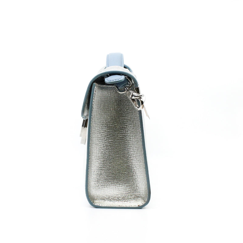 Metallic Silver/Blue Grained Calfskin Diorever Squad Flap Bag PHW With Strap