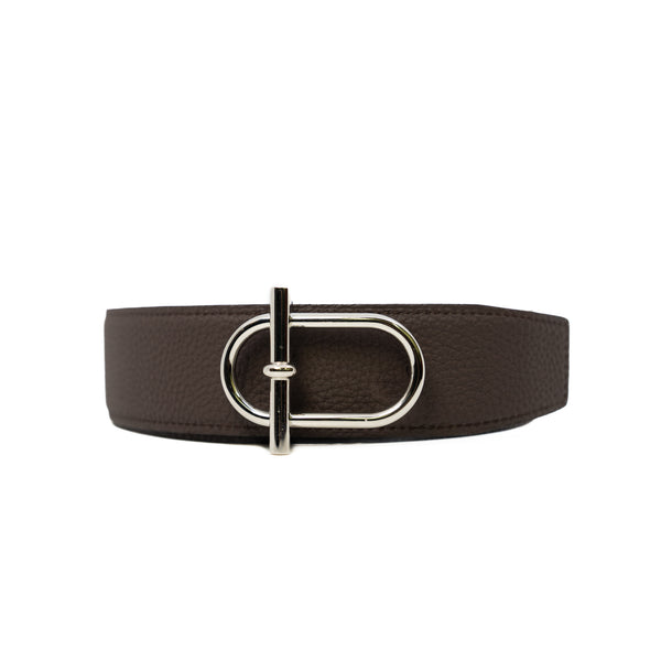 Ithaque 38mm Belt Buckle And Reversible Togo/Box Leather Black/Chocolat Strap Size 85 - L'UXE LINK