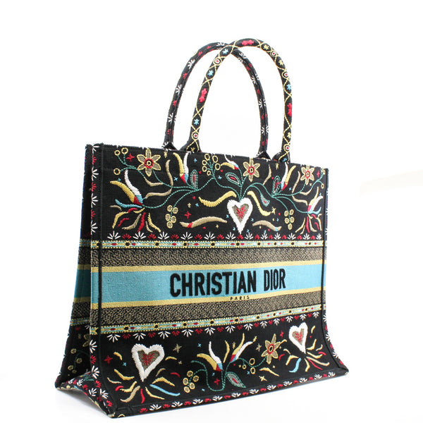 Large Dior Book Tote In Embroidered Blue/Black Flowers Print Canvas Bag - L'UXE LINK
