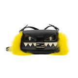 thumbnail monster micro buggie baguette in black leather/yellow fox fur phw