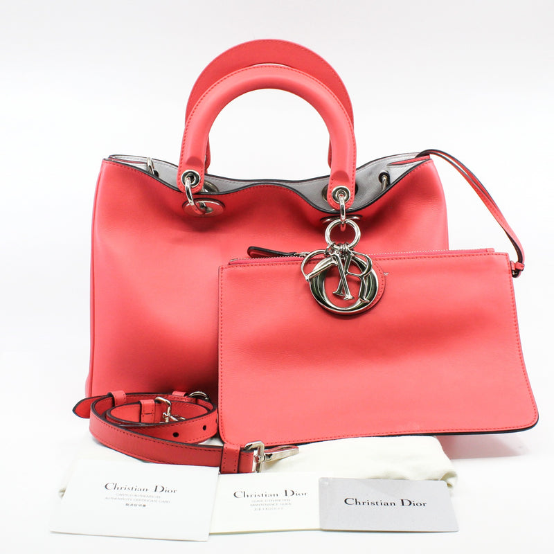 Medium Diorissimo In Coral Pink Calfskin Handbag PHW With Strap - L'UXE LINK