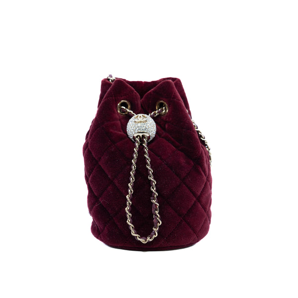 Mini Drawstring Bucket Bag Burgundy Velvet And Crystal Studded Pearl GHW Seri 30 - L'UXE LINK