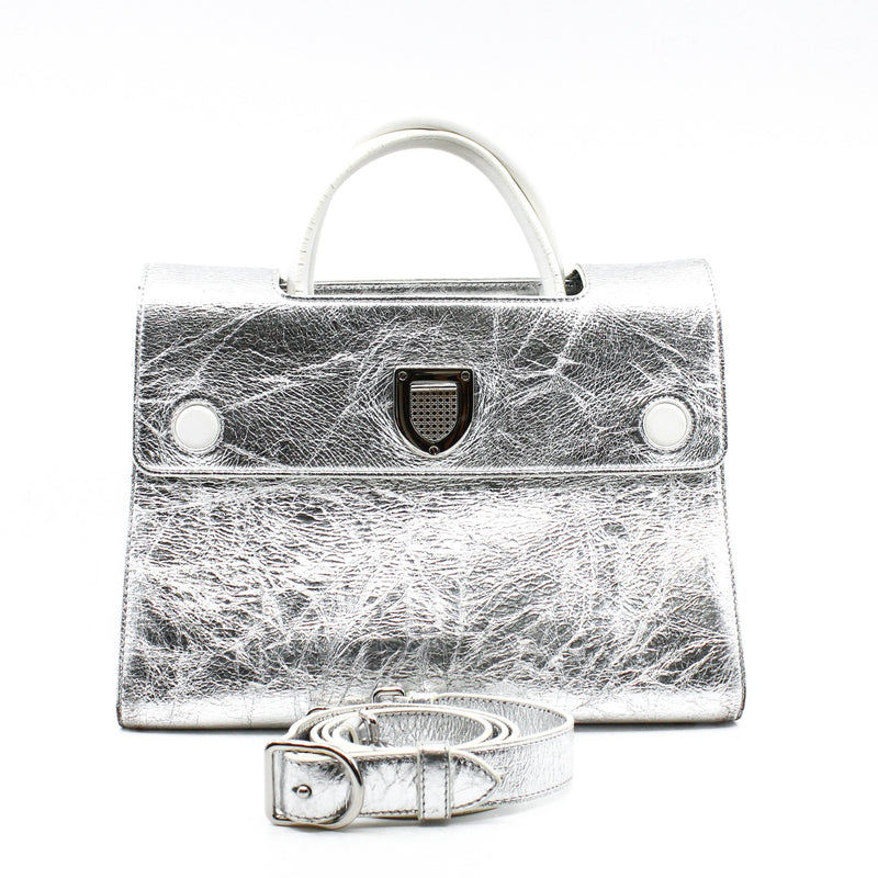 Medium Diorever In Metallic Silver Calfskin Flap Bag PHW With Strap - L'UXE LINK
