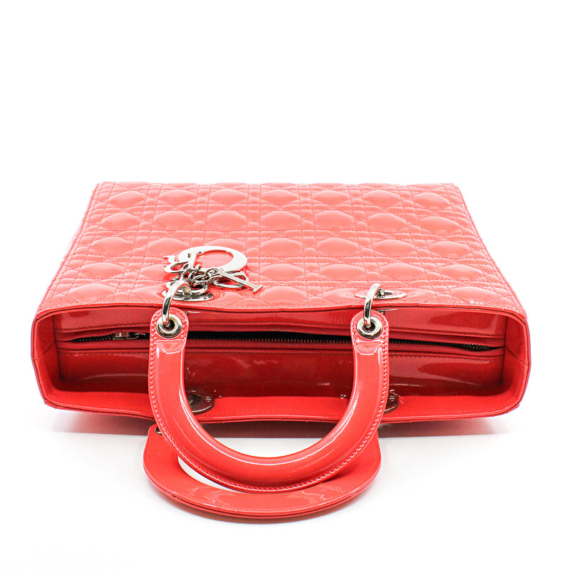 Large Cannage Lady Dior In Orange Red Patent Leather Handbag PHW With Strap - L'UXE LINK