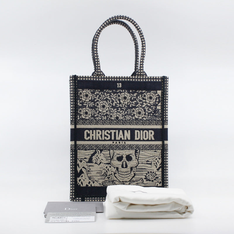 La Mort Vertical In Navy/Beige Canvas Book Tote - L'UXE LINK