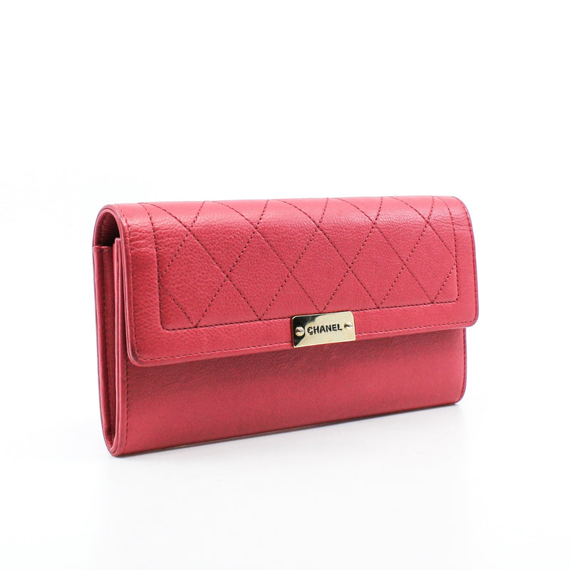 Interlocking CC Logo In Pink Calfskin Long Flap Wallet GHW Seri 24 - L'UXE LINK