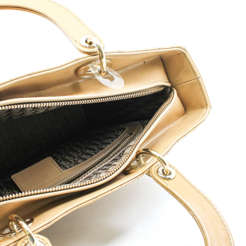 Large Cannage Lady Dior In Dark Beige Patent Leather Handbag GHW With Strap - L'UXE LINK