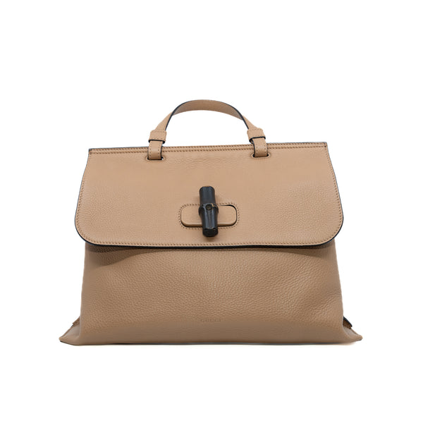 flap bag with bamboo buckle in calfskin beige brown phw
