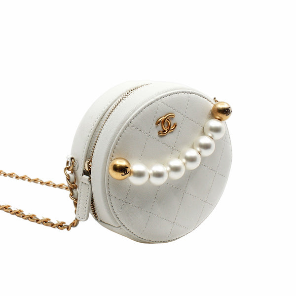 mini around purse vanity chain bag wit pearl in lambskin white ghw seri 28