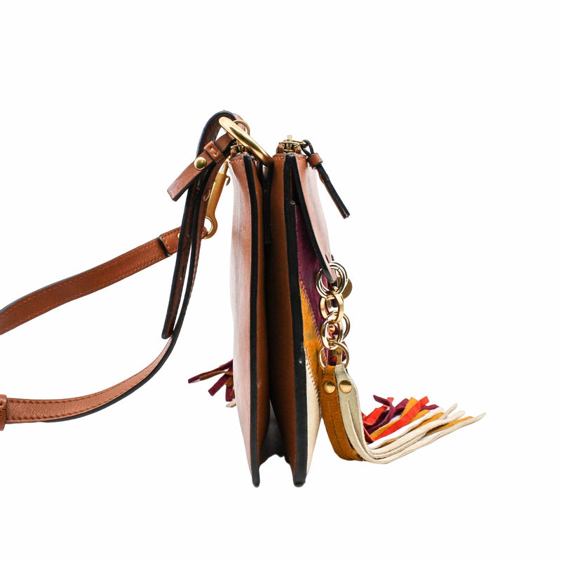 Jane Fringe Bag Small Calfskin Suede Rainbow Patchwork Caramel - L'UXE LINK