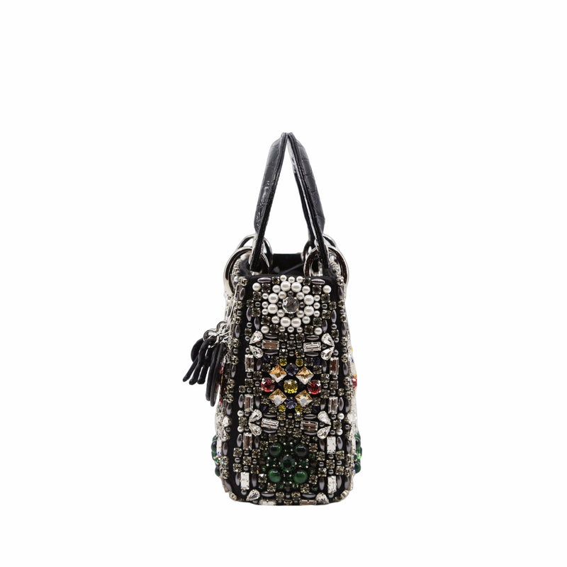 lady mini crystal with white pearl in black crocodile handle - L'UXE LINK