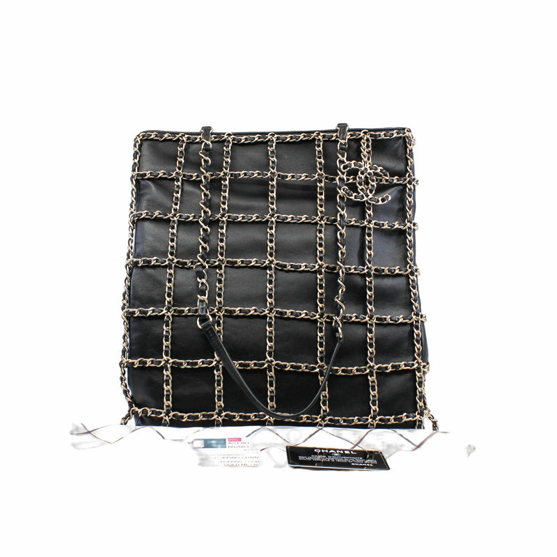Chain Frame CC Charm Shopping Tote lamb skin black  ghw - L'UXE LINK