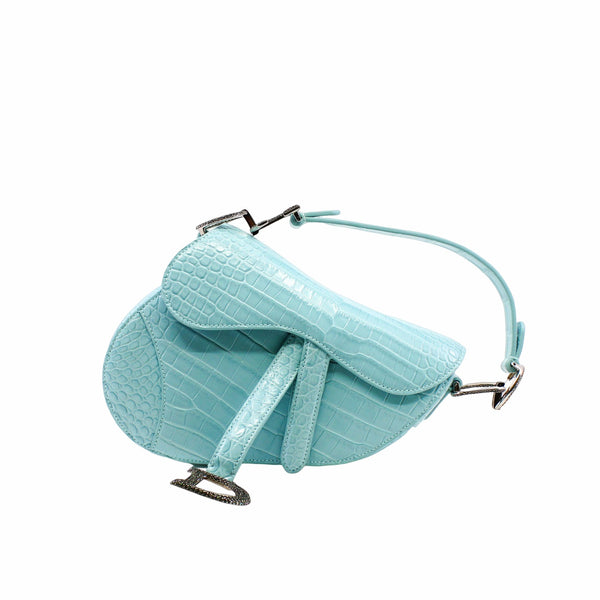 SADDLE BAG mini crocodile skyblue with black crystal buckle phw