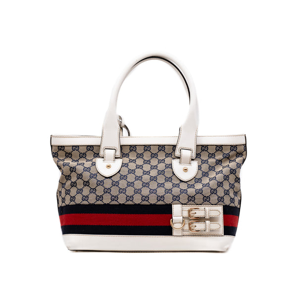 fabric tote with white leather