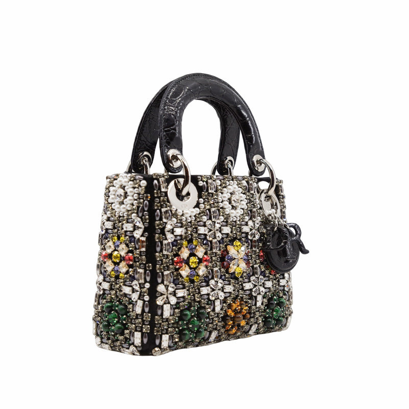 lady mini crystal with white pearl in black crocodile handle - L'UXE LINK
