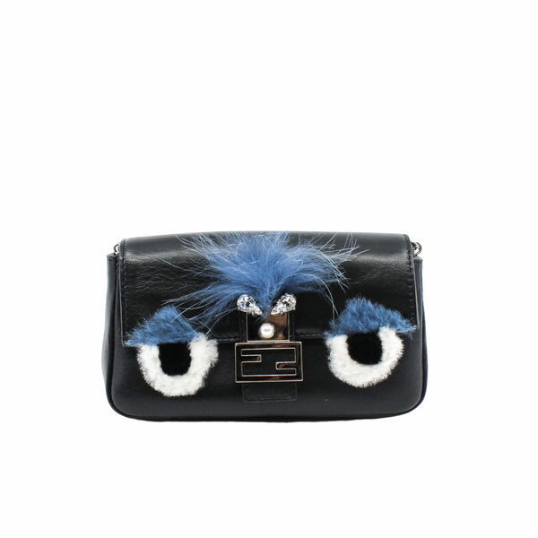 Micro Baguette Monster Bug furry eye crystal FF flap  crossbody bag black phw