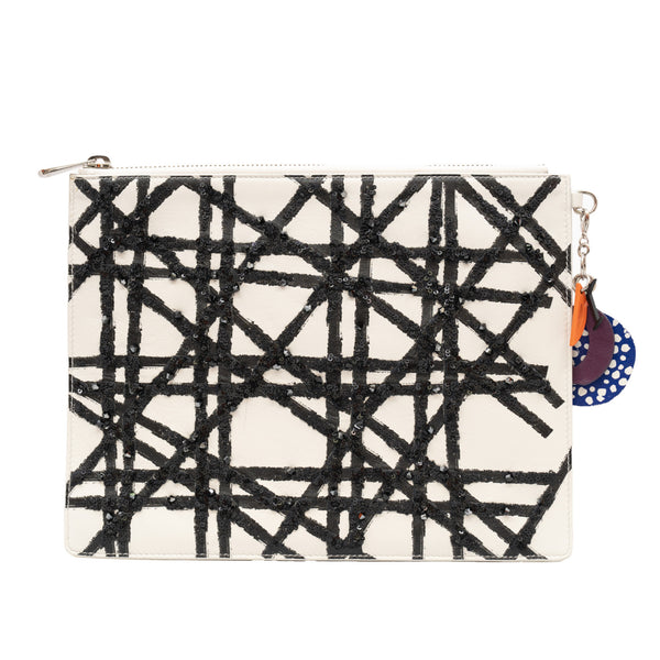 dior clutch white with black paillette lines