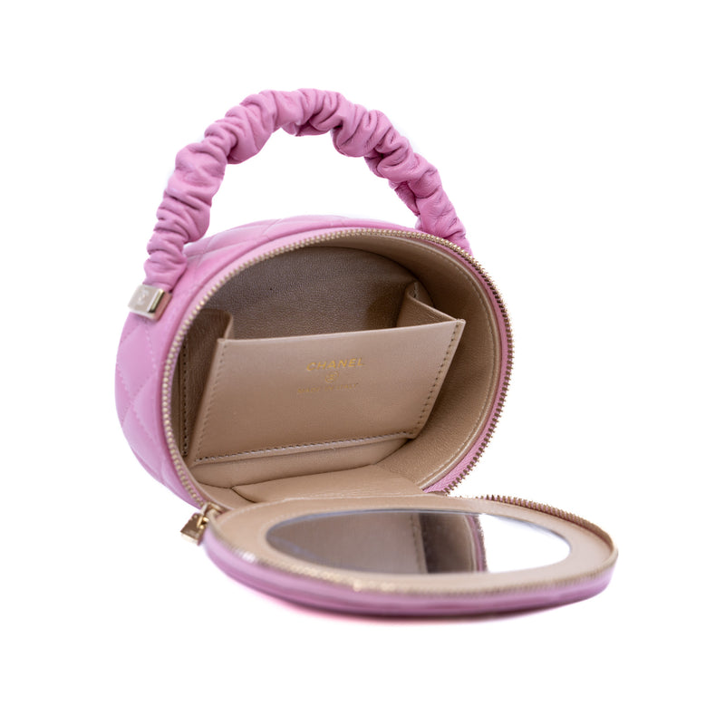 oval top handle vanity case in leather pink ghw  seri 32 - L'UXE LINK