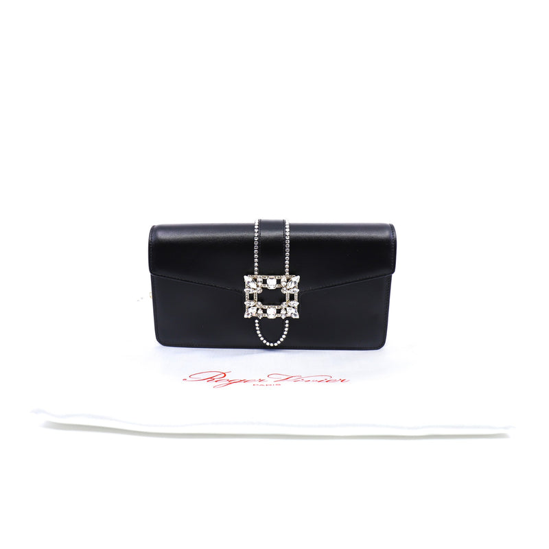 strass buckle flap crossbody bag in leather black
