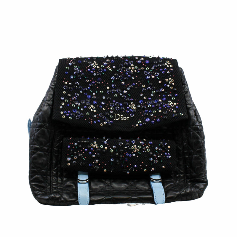 CHRISTIAN DIOR 2016 NAVY BLUE CANNAGE LEATHER/SEQUIN EMBELLISHED MESH 'STARDUST' BACKPACK - L'UXE LINK