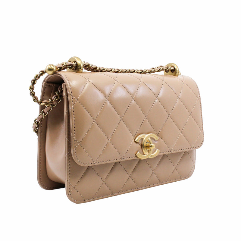 flap bag with double ball small  leather beige ghw rrp6790