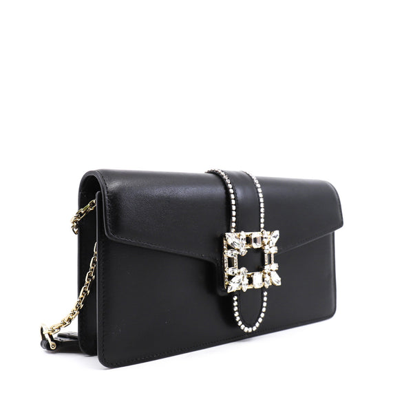 strass buckle flap crossbody bag in leather black