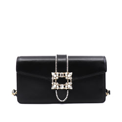 strass buckle flap crossbody bag in leather black