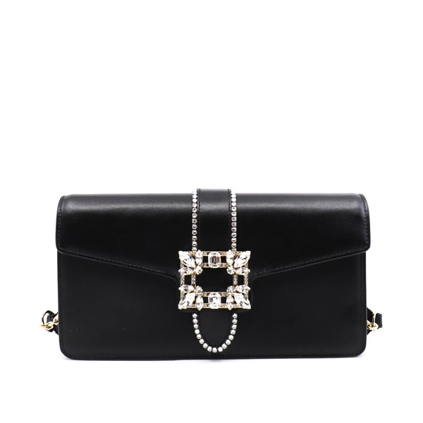 strass buckle flap crossbody bag in leather black - L'UXE LINK
