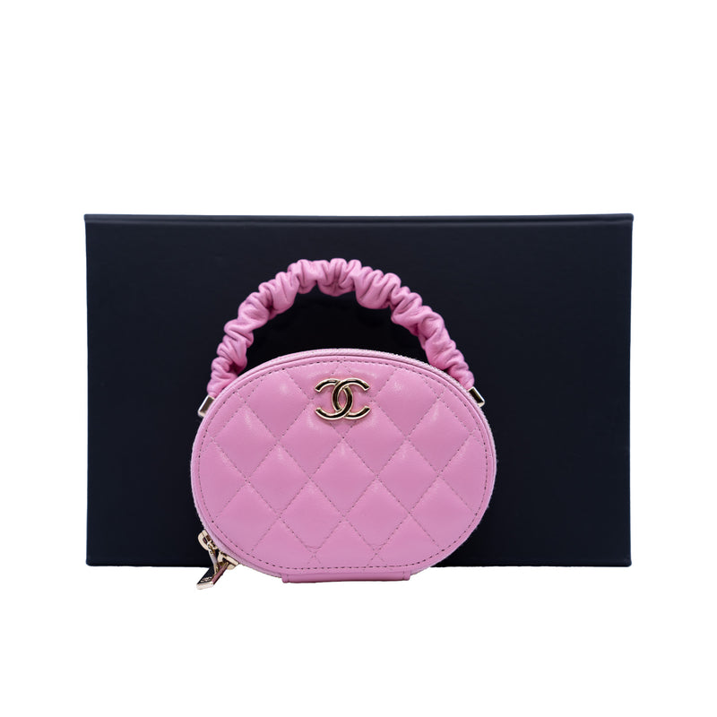 oval top handle vanity case in leather pink ghw  seri 32 - L'UXE LINK
