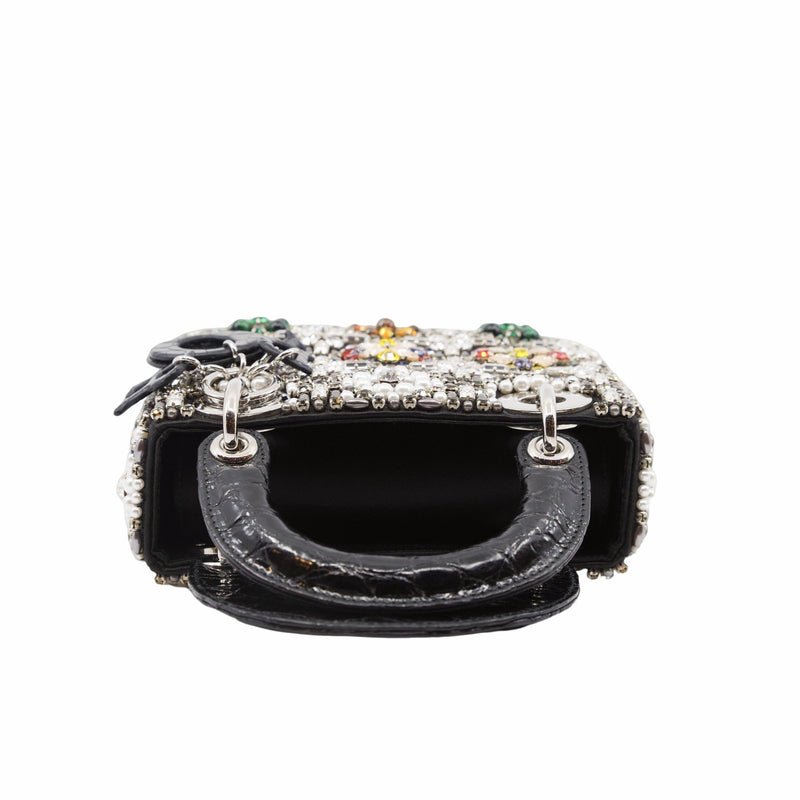 lady mini crystal with white pearl in black crocodile handle - L'UXE LINK
