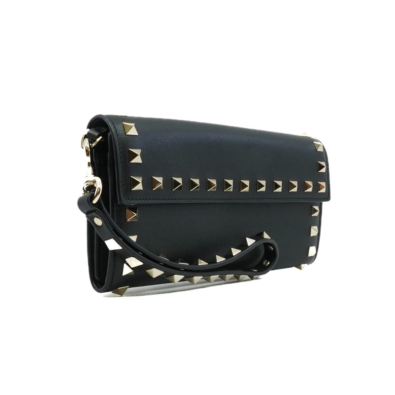 long flap wallet with studs handle in leather black