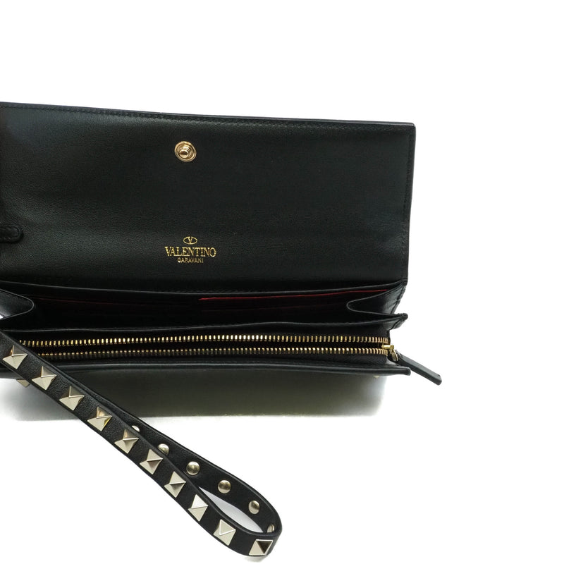 long flap wallet with studs handle in leather black