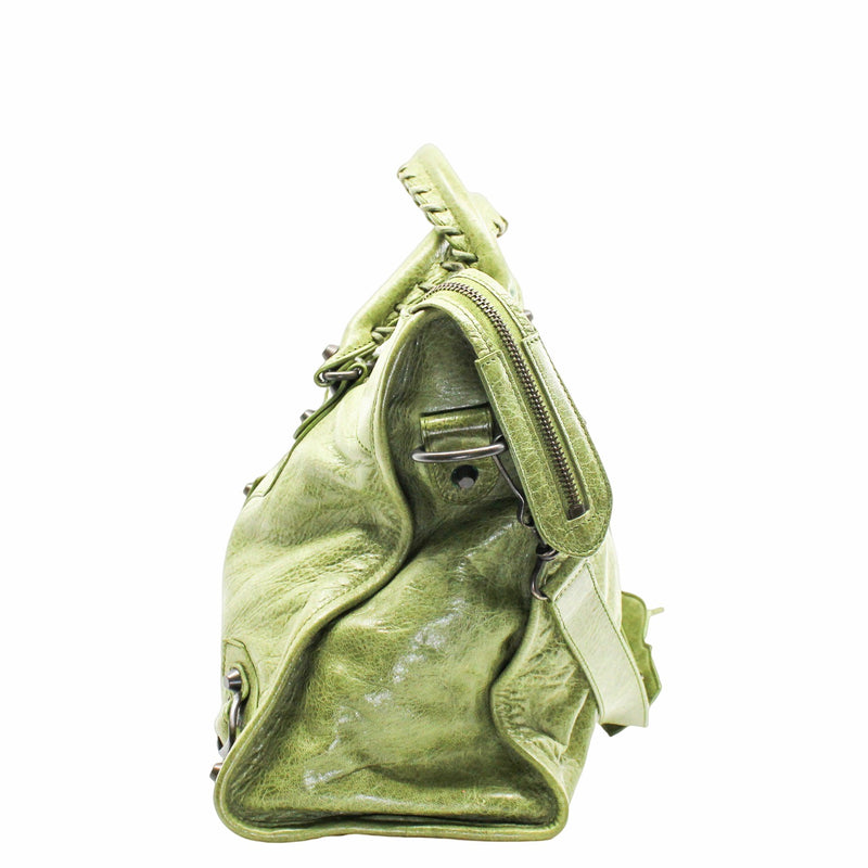 CITY CLASSIC STUDS BAG MEDIUM LEATHER GREEN ANTIQUE BRASS HARDWARE - L'UXE LINK