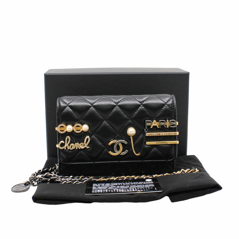 woc black lambskin with coco chanel paris logo stamp pearl mix gold black hardware seri 31