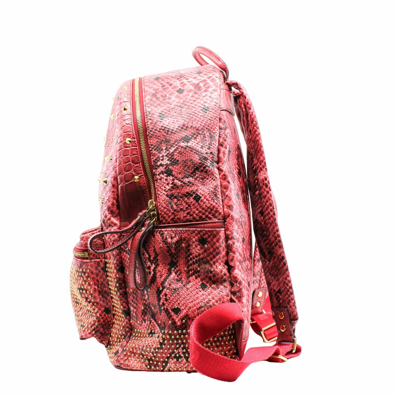 Backpack Medium Snakeskin Embossed Visetos Studded  Stark  Red Pink - L'UXE LINK