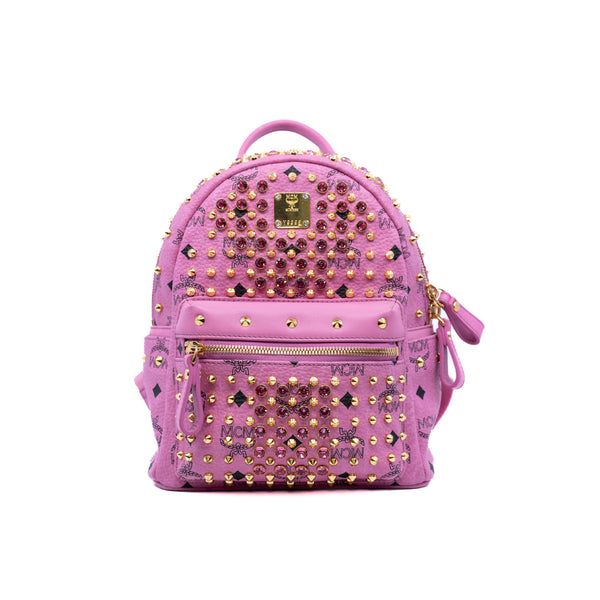 mini backpack with crystal/ studs in leather pink ghw - L'UXE LINK