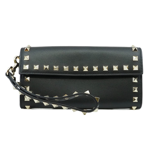 long flap wallet with studs handle in leather black - L'UXE LINK