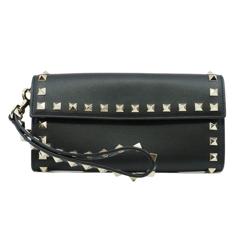 long flap wallet with studs handle in leather black - L'UXE LINK