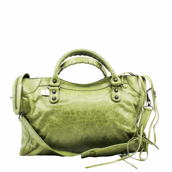 CITY CLASSIC STUDS BAG MEDIUM LEATHER GREEN ANTIQUE BRASS HARDWARE