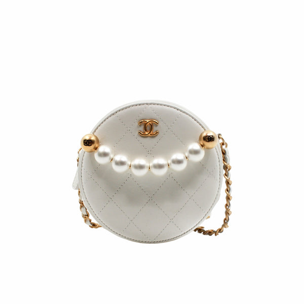 mini around purse vanity chain bag wit pearl in lambskin white ghw seri 28 - L'UXE LINK
