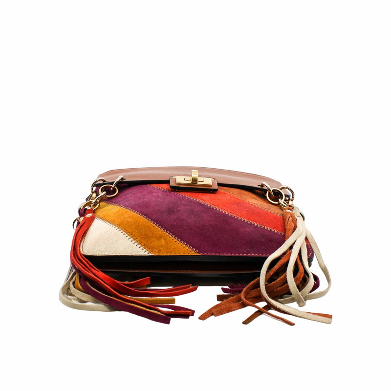 Jane Fringe Bag Small Calfskin Suede Rainbow Patchwork Caramel - L'UXE LINK