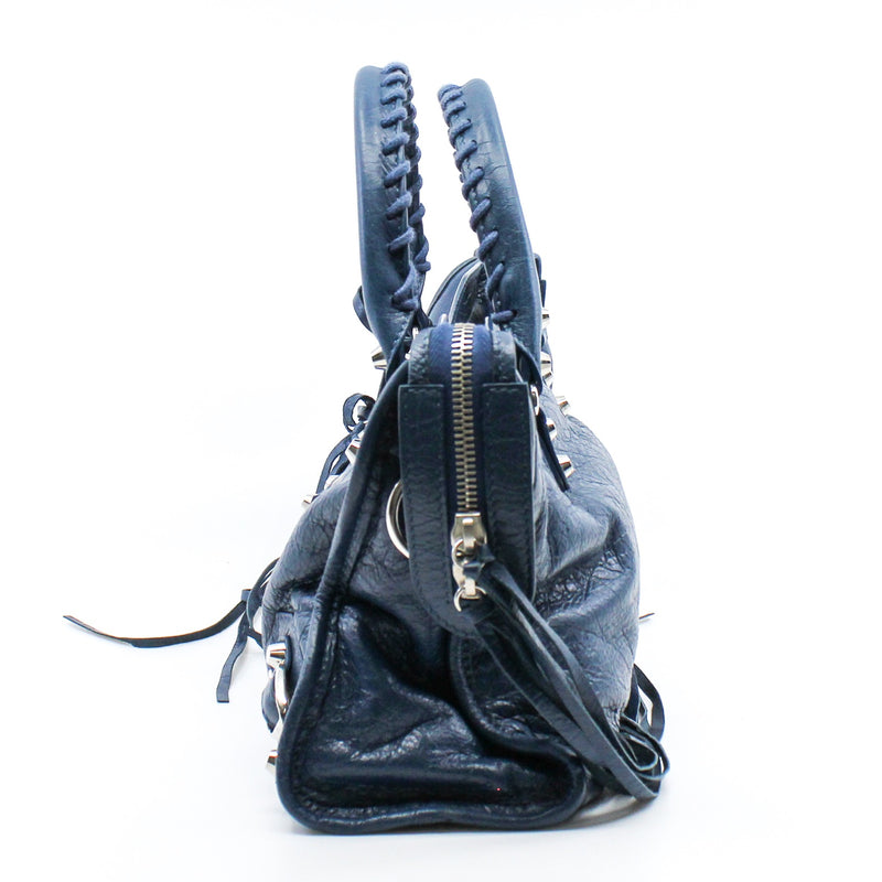 CITY CLASSIC STUDS BAG SMALL METALLIC LEATHER BLUE ANTIQUE BRASS - L'UXE LINK
