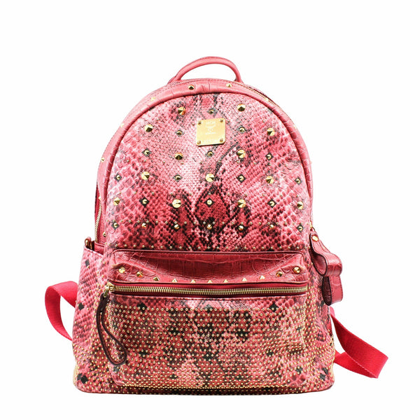 Backpack Medium Snakeskin Embossed Visetos Studded  Stark  Red Pink - L'UXE LINK