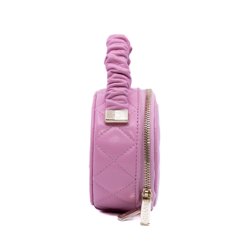 oval top handle vanity case in leather pink ghw  seri 32 - L'UXE LINK