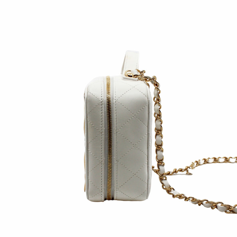 Lambskin Quilted Golden Plate Vanity Case White Gold