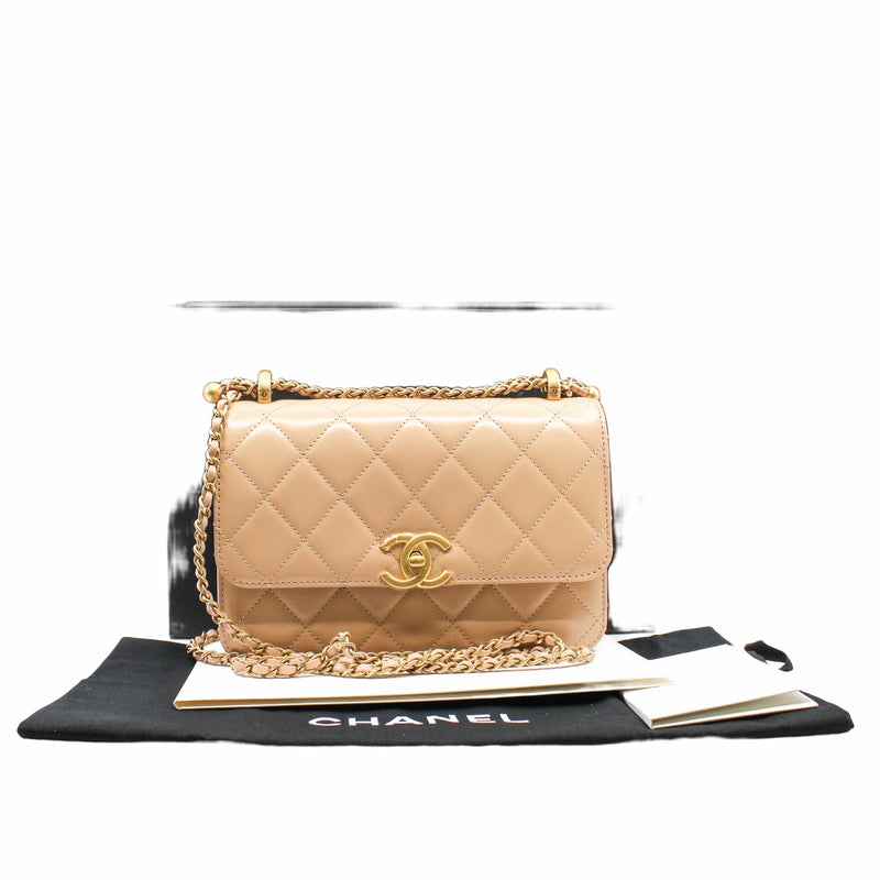 flap bag with double ball small  leather beige ghw rrp6790