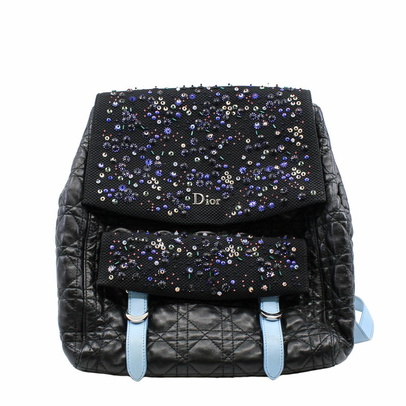 CHRISTIAN DIOR 2016 NAVY BLUE CANNAGE LEATHER/SEQUIN EMBELLISHED MESH 'STARDUST' BACKPACK - L'UXE LINK