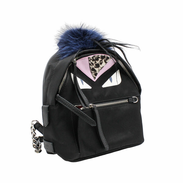 MONSTER BACKPACK MINI NYLON WITH LEATHER AND FUR BLACK PHW