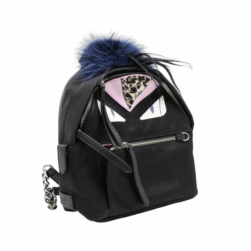MONSTER BACKPACK MINI NYLON WITH LEATHER AND FUR BLACK PHW - L'UXE LINK