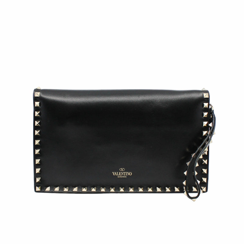 Rockstud Flap Clutch Leather Black GHW - L'UXE LINK